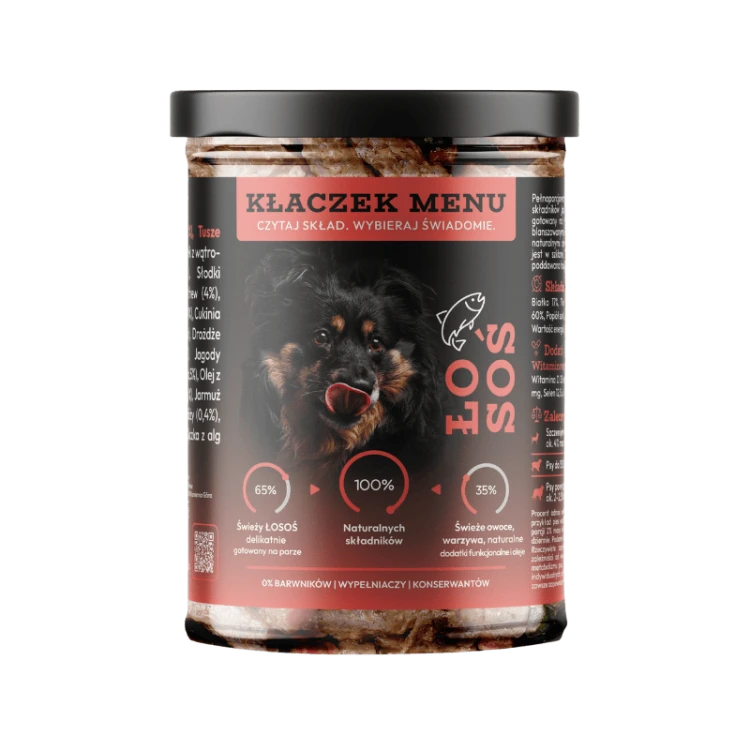 Kłaczek Menu Łosoś 400g — karma mokra dla psa z łososiem human grade w szklanym słoiku