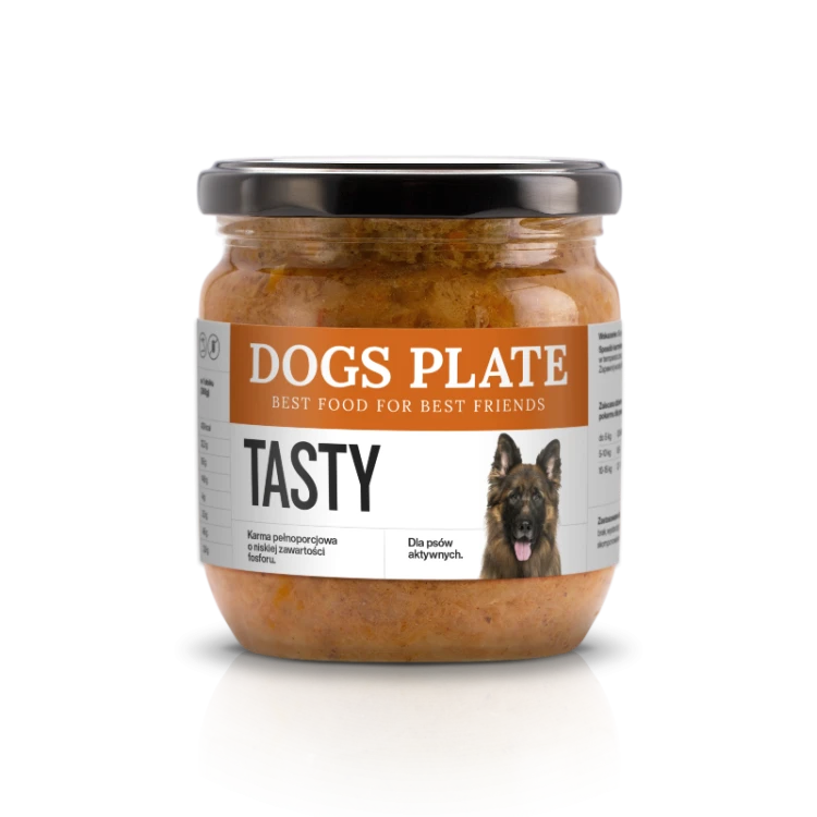 Dogs Plate Tasty 360g — karma mokra z szynki wieprzowej dla wybrednego psa szklany słoik