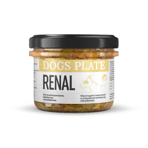 Dogs Plate Vet Renal wieprzowina 180g — karma mokra dla psa z PChN niski fosfor szklany słoik mała gramatura