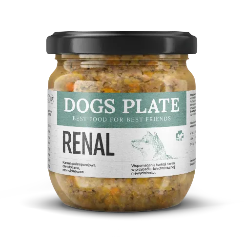 Dogs Plate Vet Renal jagnięcina 360g — karma dla psa z chorobą nerek niski fosfor chlorella tauryna szklany słoik