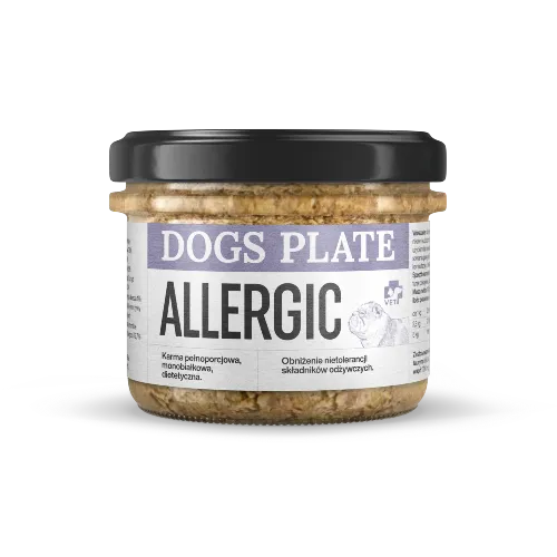 Dogs Plate Vet Allergic 180g — karma mokra dla psa z alergią skórną i pokarmową konina bez alergenów szklany słoik