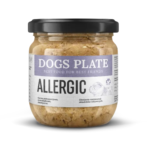 Dogs Plate Vet Allergic 360g — karma z koniny dla psa z alergią pokarmową pokrzywa inulina bez kurczaka szklany słoik