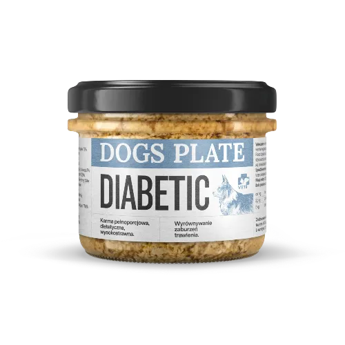 Dogs Plate Vet Diabetic 180g — karma mokra dla psa z nadwagą po kastracji i insulinoopornością szklany słoik