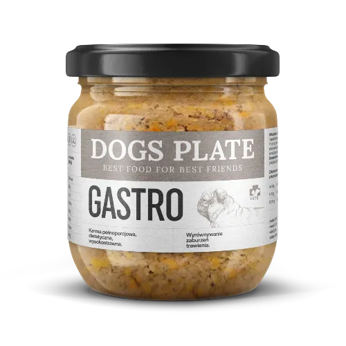 Dogs Plate Vet Gastro 360g — karma dla psa z problemami trawiennymi sarna psyllium mączka z kryla szklany słoik