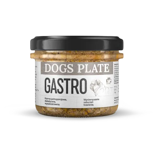 Dogs Plate Vet Gastro 180g — karma mokra dla psa z biegunką zaparciami i gruczołami okoloodbytowymi szklany słoik
