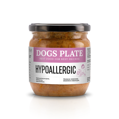 Dogs Plate Vet Hypoallergic 360g — karma z kozy dla psa z alergią małża nowozelandzka psyllium olej z kryla słoik