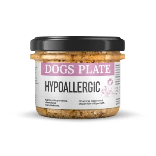 Dogs Plate Vet Hypoallergic 180g — karma mokra dla psa z alergią i dysplazją koza małża nowozelandzka szklany słoik