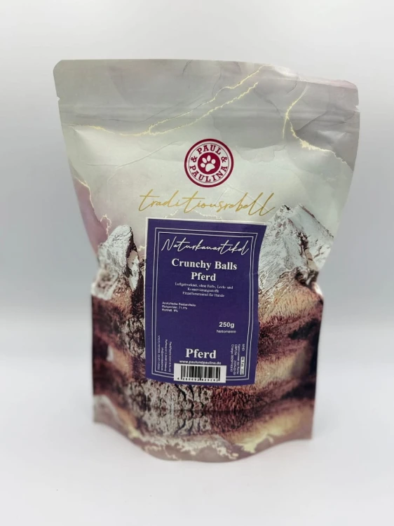 Paul &amp; Paulina Crunchy Balls Pferd — 100% konina suszona powietrzem, monobiałkowy przysmak treningowy dla psa alergika 250 g