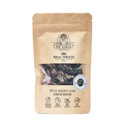 Mr. Bones Raw Treats Wild Sheep Loin — kawałki suszonego mięsa muflona, monobiałkowy przysmak dla psa alergika 45 g