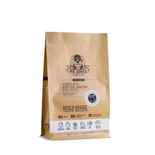 Mr. Bones Dry BARF Wolowina Green Tripe 1kg — suchy barf wolowina flaczki 1kg probiotyki trawienie regularne zywienie