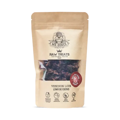 Mr. Bones Raw Treats Venison Loin — kawałki suszonego mięsa jelenia, 64% białka, monobiałkowy przysmak dla psa alergika