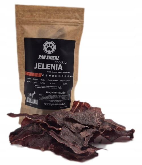 Pan Zwierz smaczki z jelenia kraft torebka suszone mięso dziczyzna dla psa i kota 25g