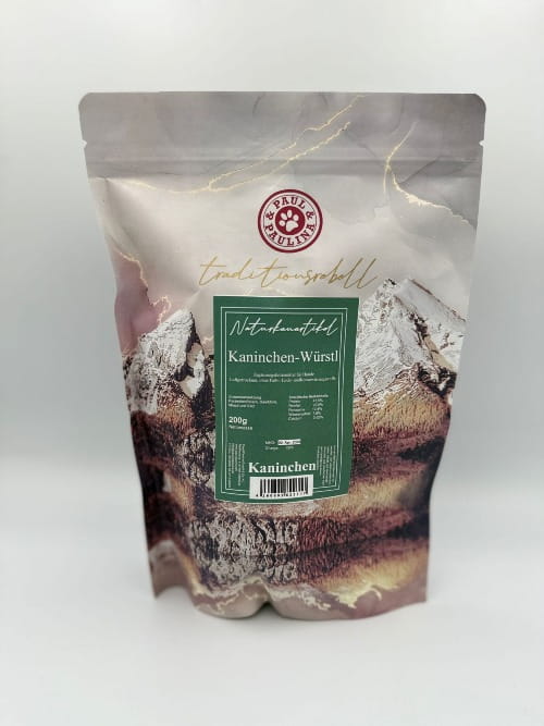 Paul &amp; Paulina Kaninchen-Würstl 200 g kiełbaski z królika przód etykieta.jpeg