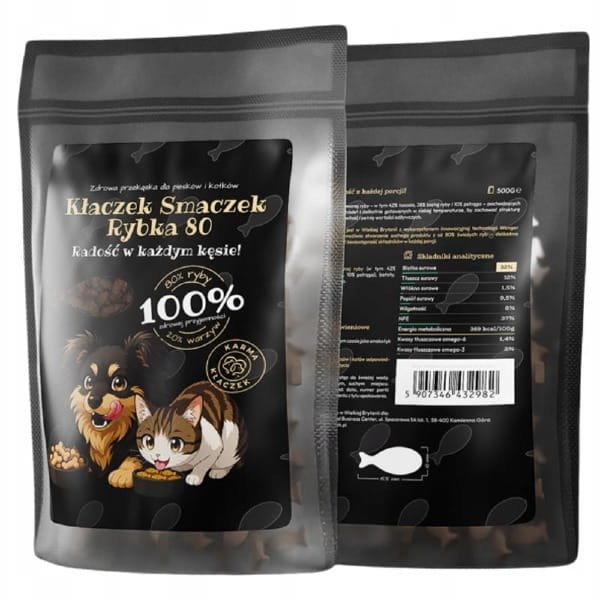 Kłaczek Smaczek Rybka 500 g – przysmak treningowy dla psa z łososiem, bezzbożowy bez kurczaka, kształt rybki 15×10 mm