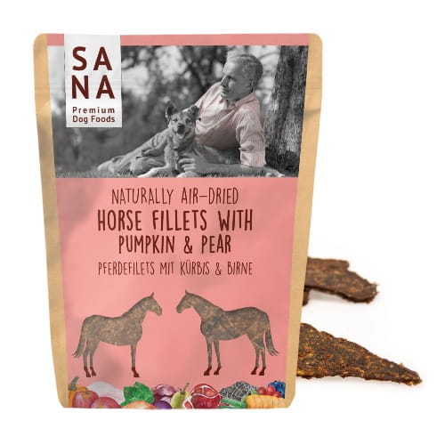 Sanadog Horse Fillets filety z koniny z dynią i gruszką przysmak dla psa 100 g — opakowanie przód.jpg