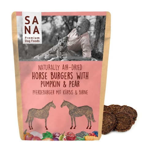 Sanadog Horse Burgers burgery z koniny z dynią i gruszką przysmak dla psa 100 g — opakowanie przód.jpg