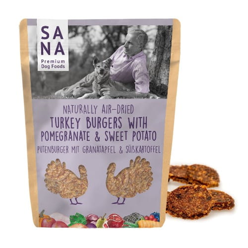 Sanadog Turkey Burger burger z indyka z granatem i batatem przysmak dla psa 100 g — opakowanie przód.jpg