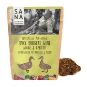 Sanadog Duck Burger burger z kaczki z algą i morelą przysmak dla psa 100 g — opakowanie przód.jpg