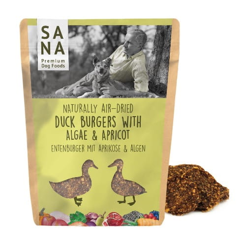 Sanadog Duck Burger burger z kaczki z algą i morelą przysmak dla psa 100 g — opakowanie przód.jpg