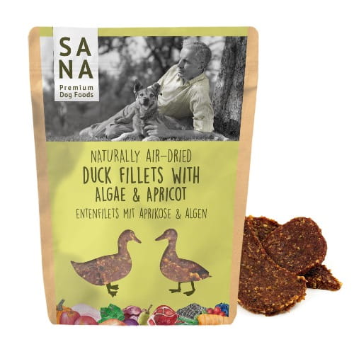 Sanadog Duck Fillets filety z kaczki z morelą i algą przysmak dla psa 100 g — opakowanie przód.jpg