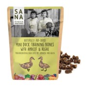 Sanadog Mini Duck Training Bones kaczka morela algi kostki treningowe 100g przód opakowania