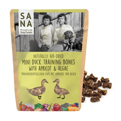 Sanadog Mini Duck Training Bones kaczka morela algi kostki treningowe 100g przód opakowania