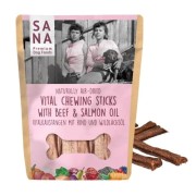 Sanadog Vital Chewing Sticks gryzaki wołowe olej z łososia 150g przód opakowania