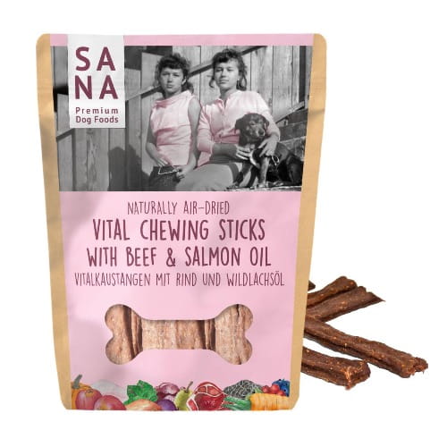 Sanadog Vital Chewing Sticks gryzaki wołowe olej z łososia 150g przód opakowania