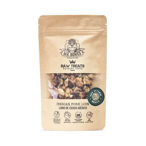 Mr. Bones Raw Treats Iberian Pork Loin wieprzowina iberyjska dla psa 45g opakowanie przód