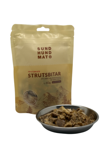Sund Hundmat Frystorkade Strutsbitar liofilizowany struś dla psa 60g opakowanie przód
