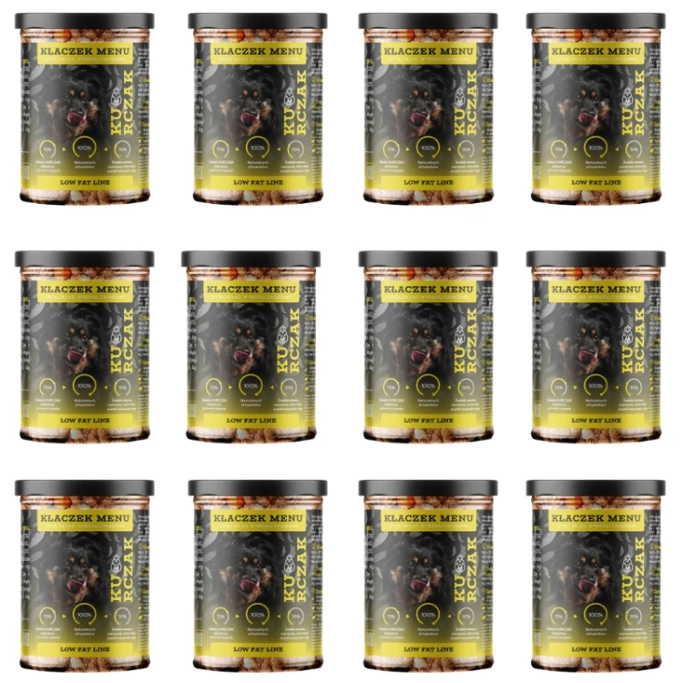 Zestaw 12 słoików Kłaczek Menu Kurczak 400g — 11+1 gratis, niski tłuszcz, dla psa