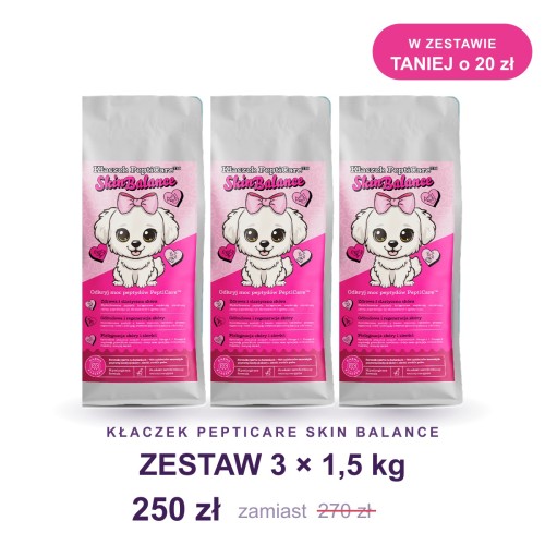 Kłaczek PeptiCare Skin Balance zestaw 3 × 1,5 kg – karma dla psa na skórę i sierść, w zestawie taniej o 20 zł