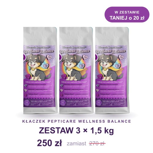 Kłaczek PeptiCare Wellness Balance zestaw 3 × 1,5 kg – karma dla psa na odporność, w zestawie taniej o 20 zł