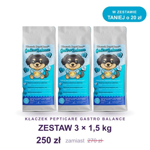 Kłaczek PeptiCare Gastro Balance zestaw 3 × 1,5 kg – karma dla psa na jelita, w zestawie taniej o 20 zł