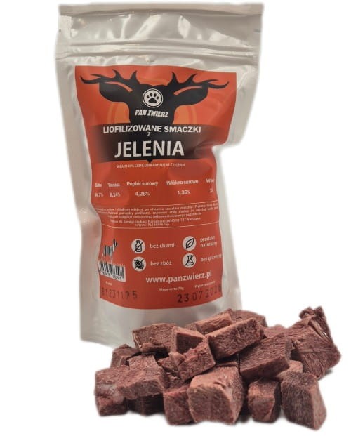 Pan Zwierz liofilizowane smaczki z jelenia pomarańczowa torebka przysmak dla psa i kota 70g