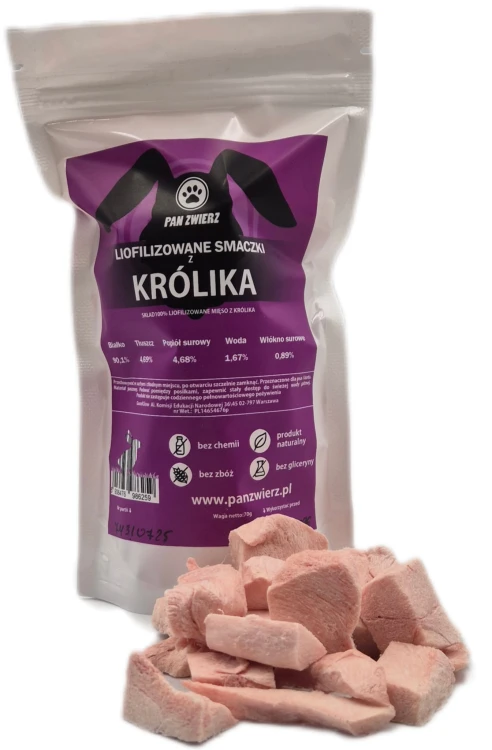 Pan Zwierz liofilizowane smaczki z królika fioletowa torebka przysmak dla psa i kota 70g
