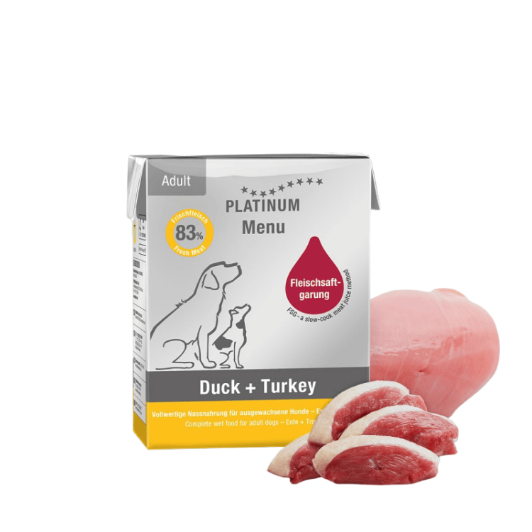 PLATINUM Menu Duck+Turkey 375 g – świeże mięso kaczki 42% i indyka 41% karma mokra FSG slow-cook bez zbóż