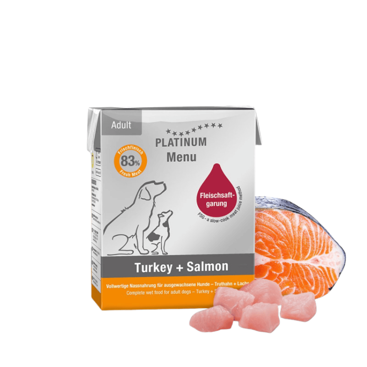 PLATINUM Menu Adult Turkey+Salmon 375 g – mokra karma dla psa z indykiem i łososiem 83% mięsa metoda FSG – karton frontowy
