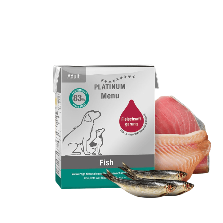 PLATINUM Menu Adult Fish 375 g – mokra karma dla psa z sardynką tuńczykiem i pstrągiem 83% mięsa ryb – karton frontowy