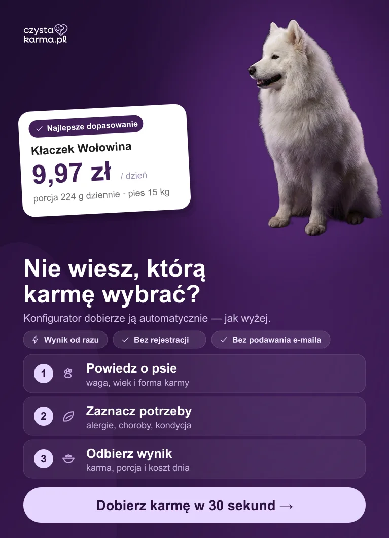 Konfigurator doboru karmy dla psa — dobierz karmę w 30 sekund, bez rejestracji