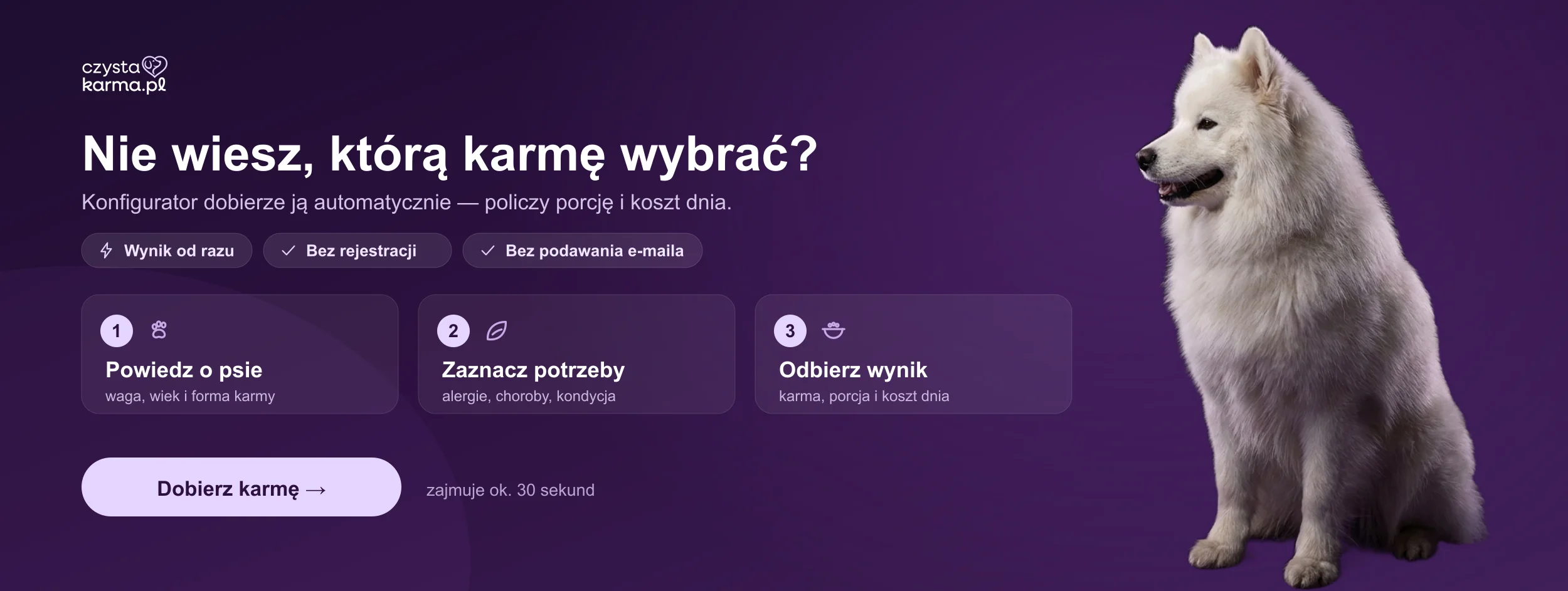 Konfigurator doboru karmy dla psa — dobierz karmę w 30 sekund, bez rejestracji